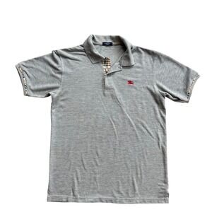 Burberry London Mens Grey Pique Polo Shirt Nova Check Trim Red Knight Logo L